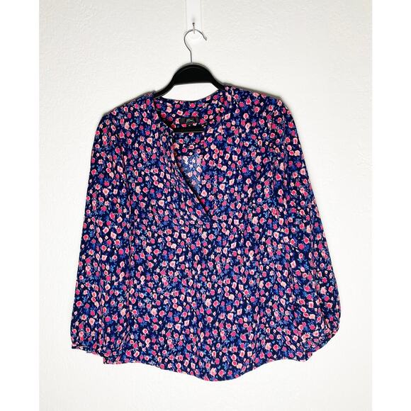 J Crew Women's V Neck Navy Blouse Pink Floral Print Peasant Bohemian Feminine M - Picture 4 of 8